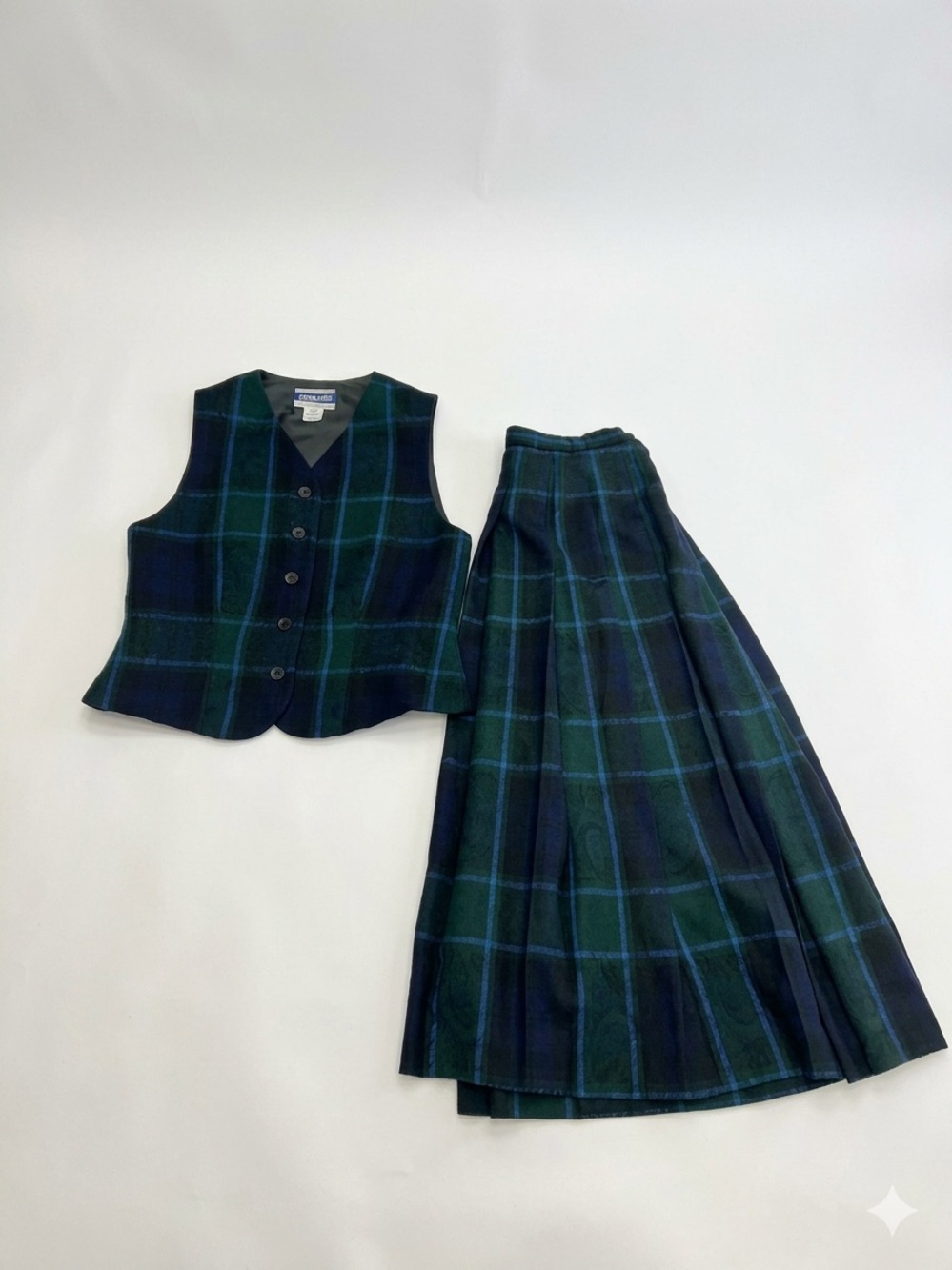 Vintage Pendleton Navy Green Black Watch Plaid Wool Vest 2 Skirt Set 8